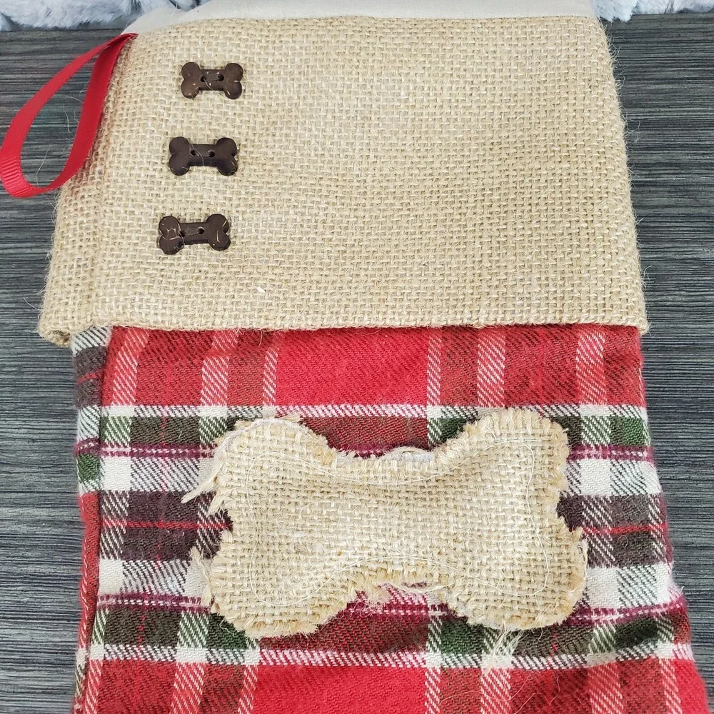Domain Christmas Red Plaid and Burlap Dog Pet Stocking with Button Bones 16